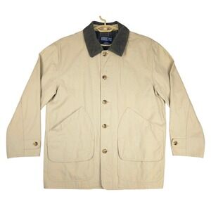Lands End Mens L Beige Cotton Barn Jacket Corduroy‎ Collar Plaid Lined